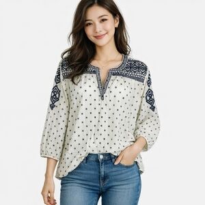 Cotton Boho Embroidered Top Women's PXL Poof Sleeve White Black Popover